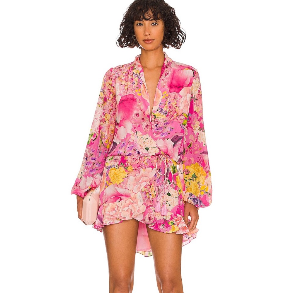 Rococo Sand Leona pink & yellow floral faux wrap dress. Size XS